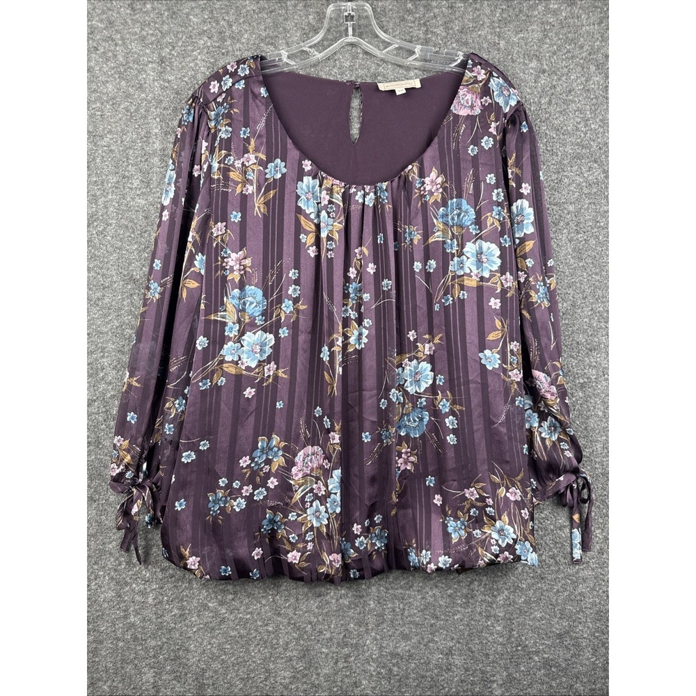 Blousology Blouse 2X Plus Purple Blue Floral Pleated Pinstripe Top Lined Boho